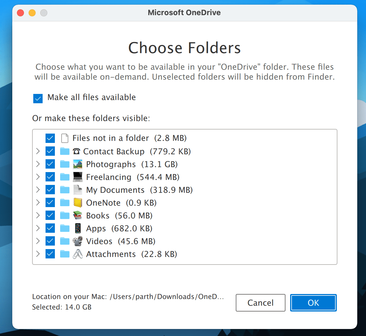 Выберите папки OneDrive
