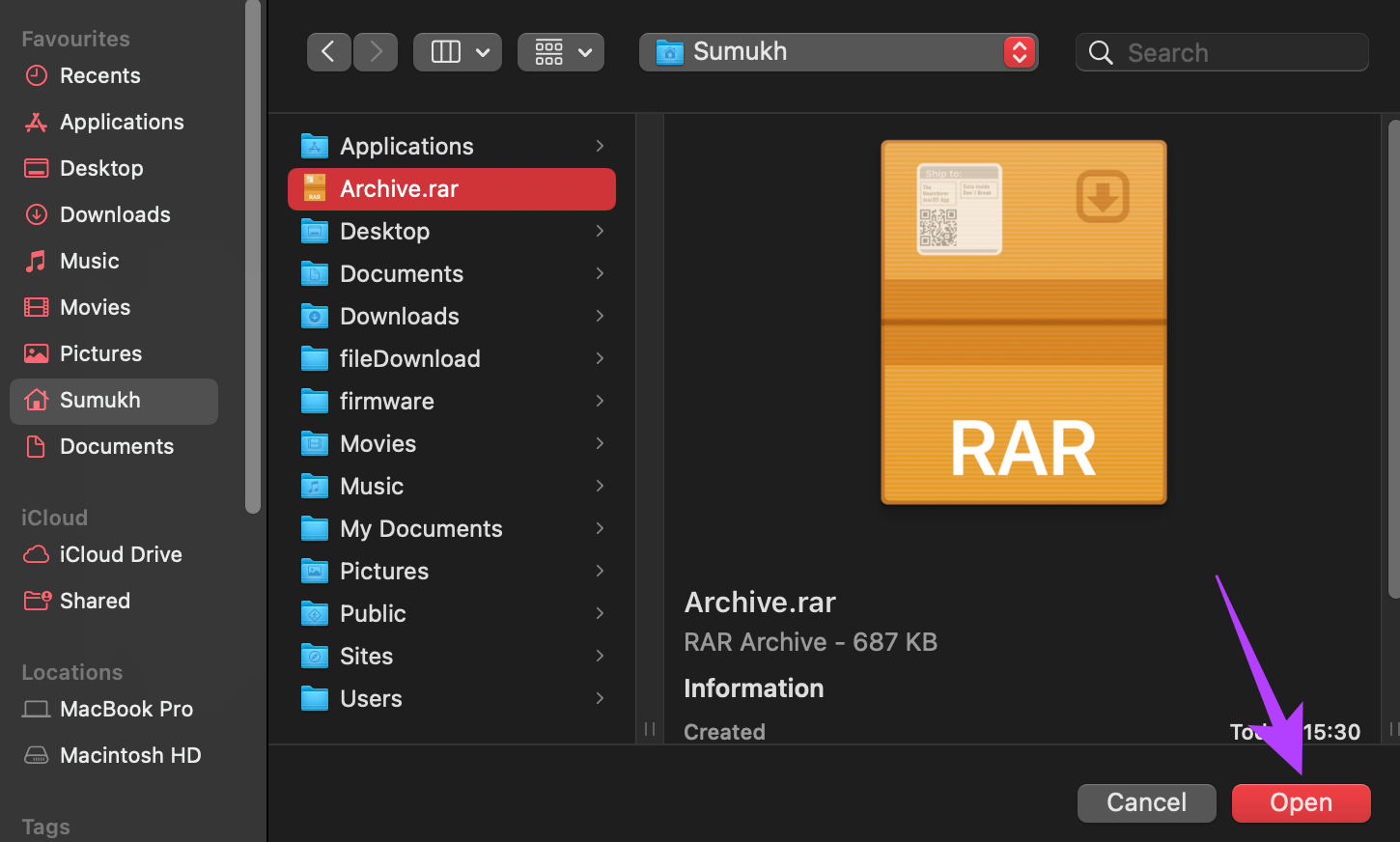 откройте файл RAR для извлечения