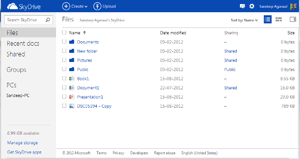 Просмотр списка Skydrive