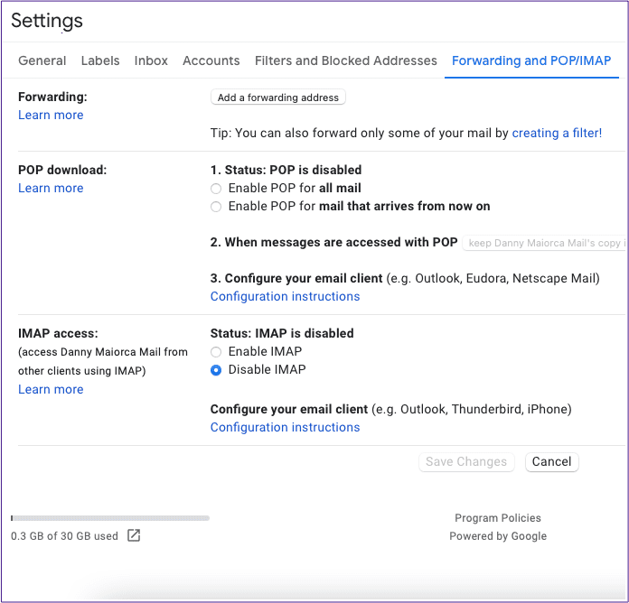 Переадресация и всплывающие окна настроек Gmail