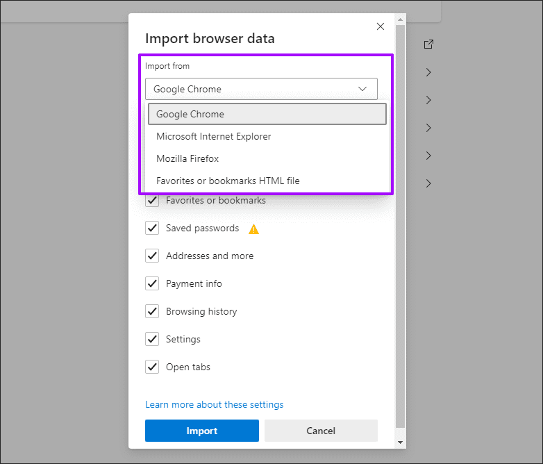 Импорт данных браузера Microsoft Edge Chromium 5