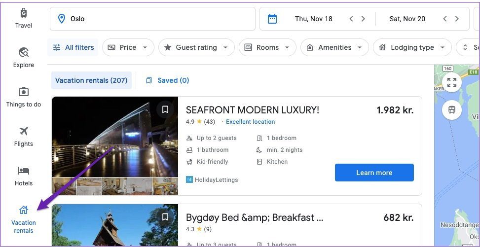 Аренда жилья для путешествий в Google Travel