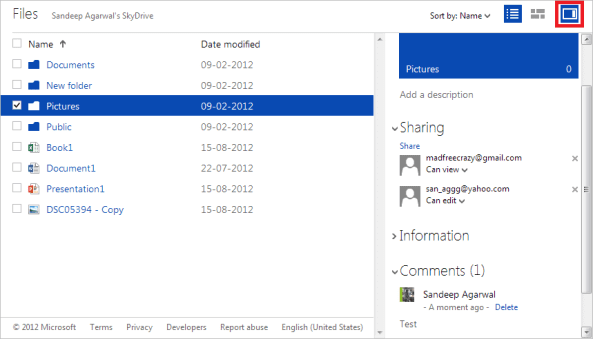 Панель сведений о Skydrive