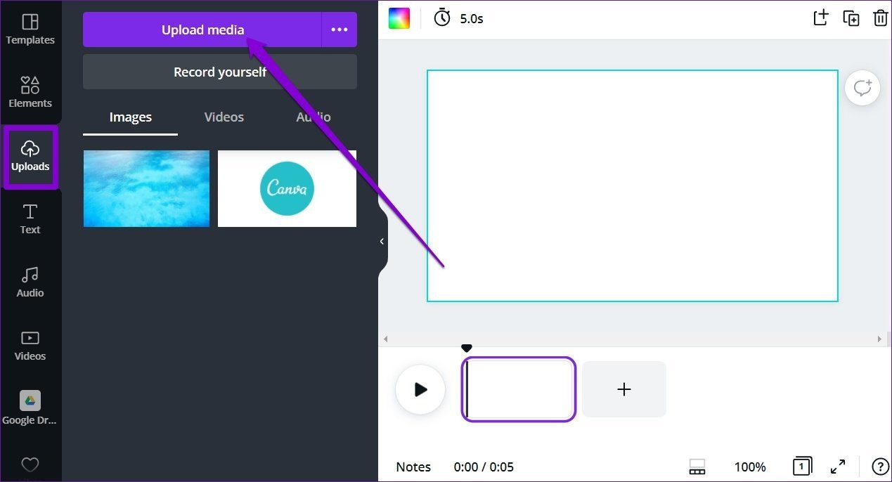 Загрузить видео в Canva