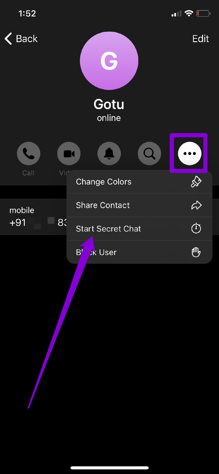 Начать секретный чат в Telegram для i OS