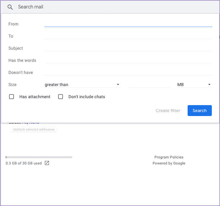 Страница фильтров Gmail