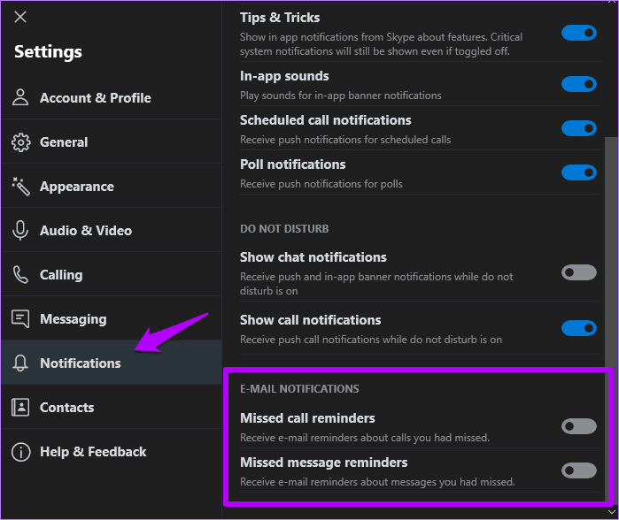 Отключить уведомления по электронной почте Skype Desktop Mobile 2