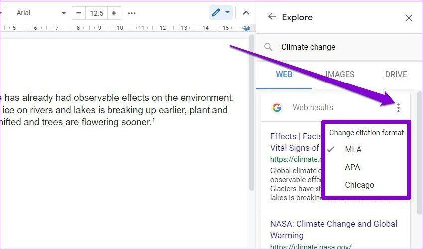 Изменить формат цитирования в Google Docs