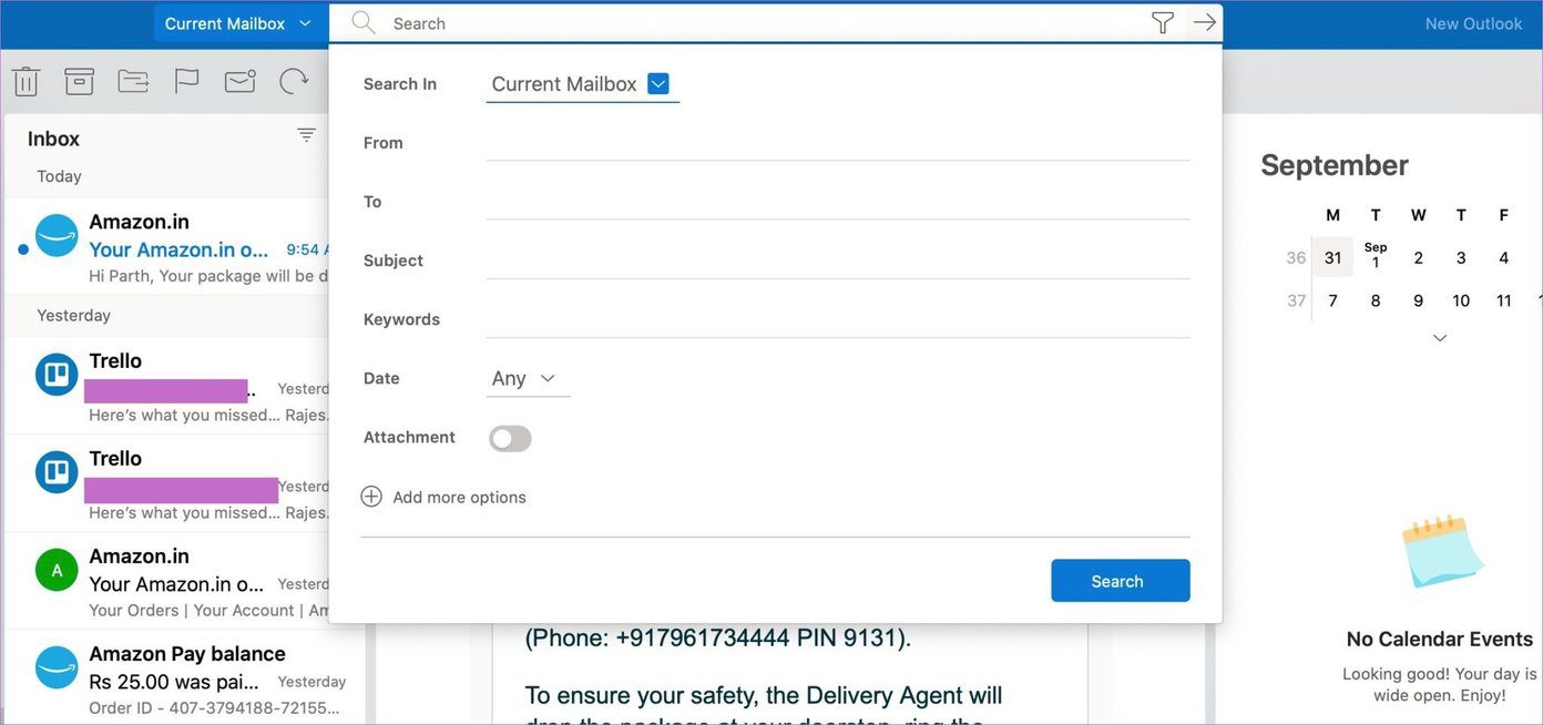 Используйте поиск в Outlook