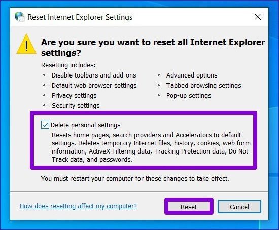 Сбросить настройки Internet Explorer