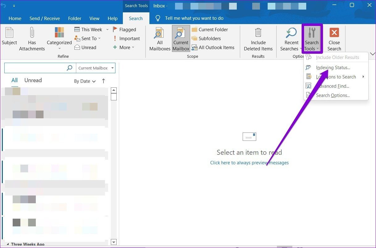 Статус индексации Outlook