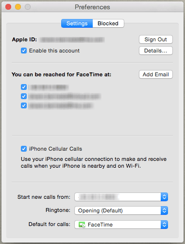 Панель настроек Face Time