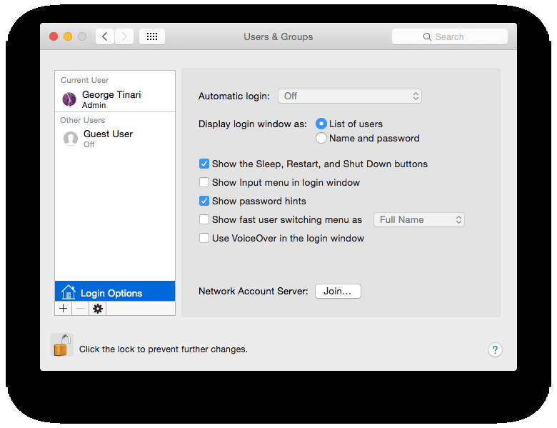 Системные настройки Mac Автоматический вход отключен