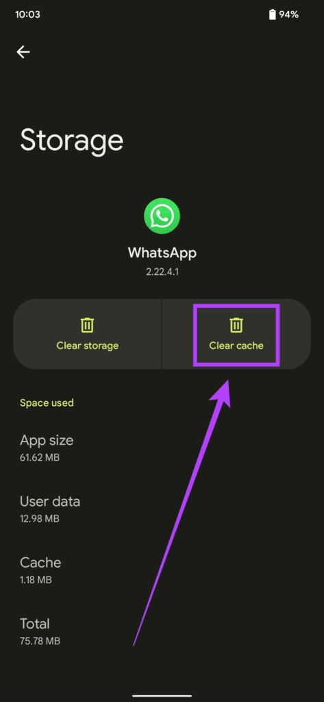 Опция очистки кэша в WhatsApp