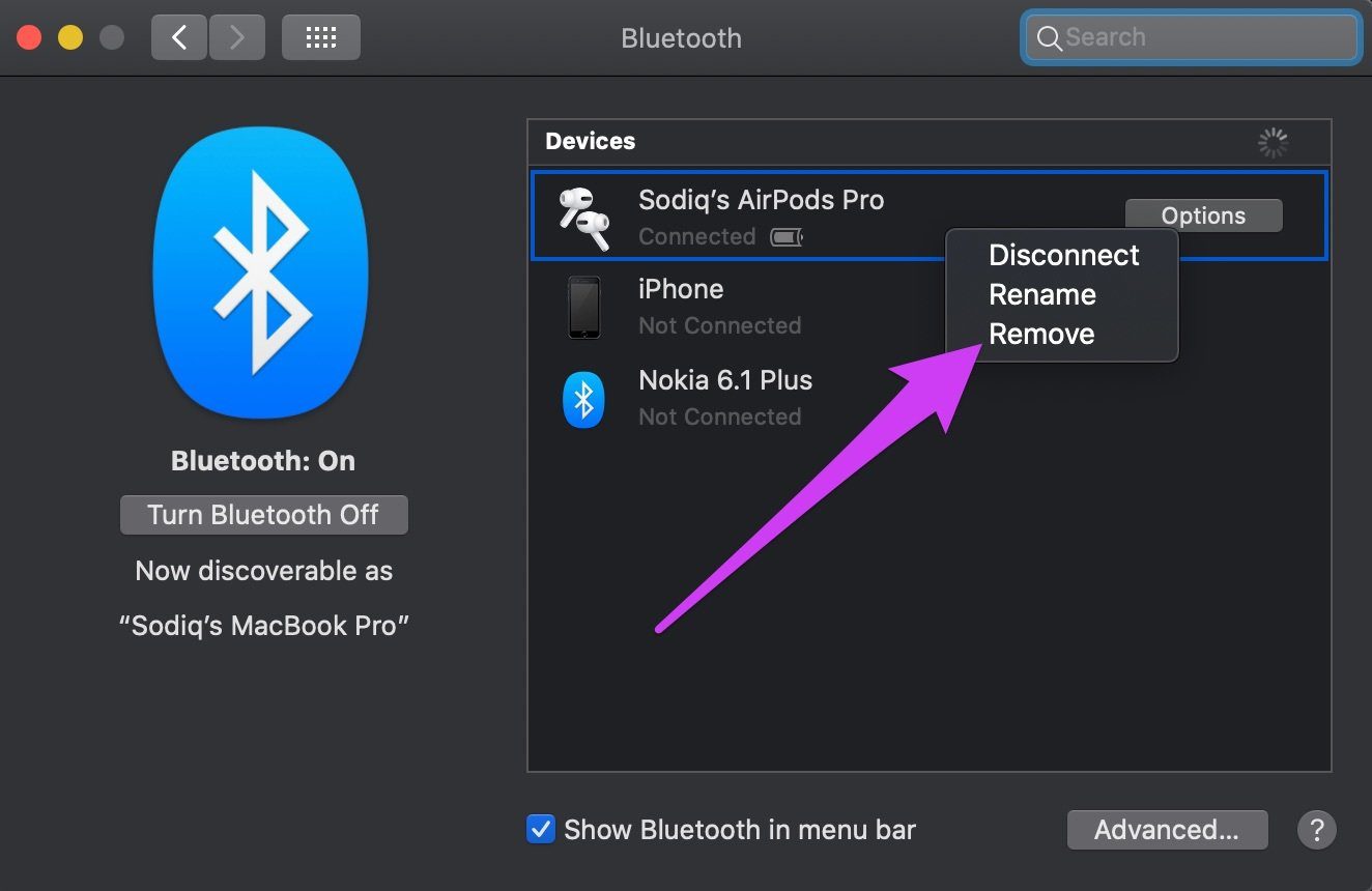 Исправить отключенные Airpods Mac 02