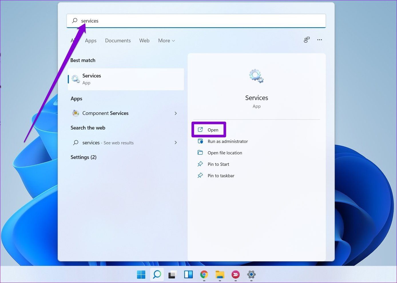 Откройте службы Windows