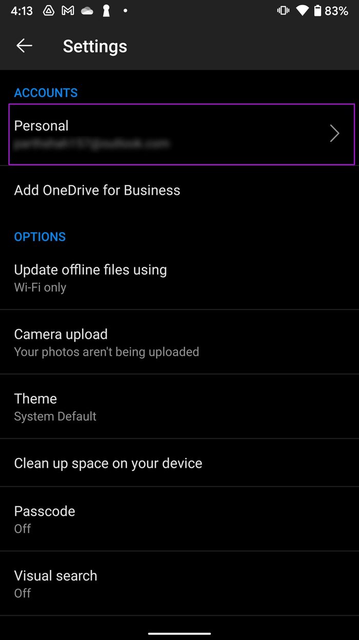 Учетная запись Android OneDrive