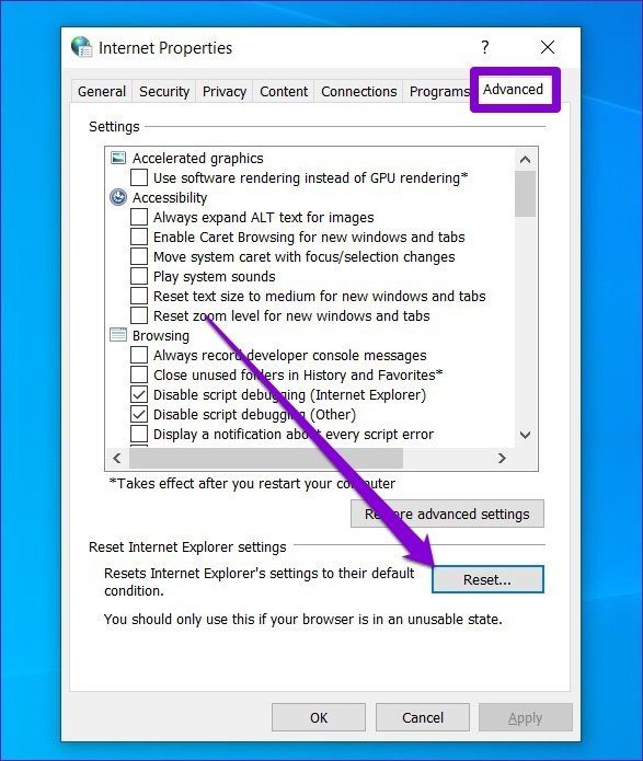 Сбросить Internet Explorer
