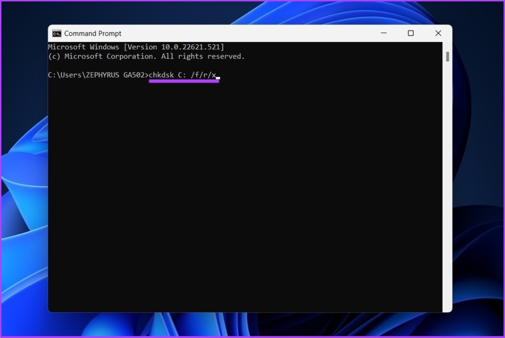 Введите «chkdsk C:/f/r/x»