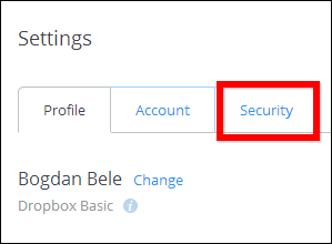 Вкладки настроек безопасности Dropbox