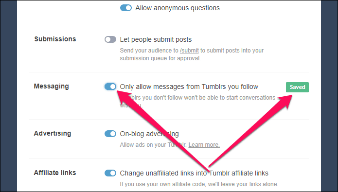 Tumblr Отключить обмен мгновенными сообщениями 3