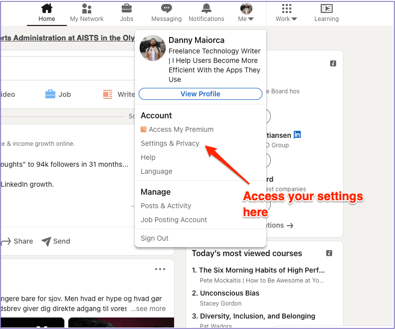 Спящий режим настроек учетной записи Linkedin
