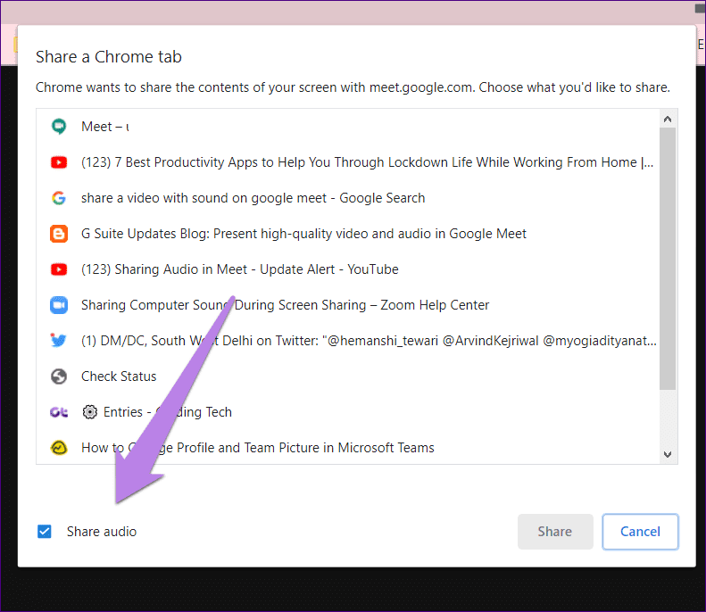 Поделитесь видео с компьютерным звуком, масштабируйте Google Meet Microsoft Teams 11