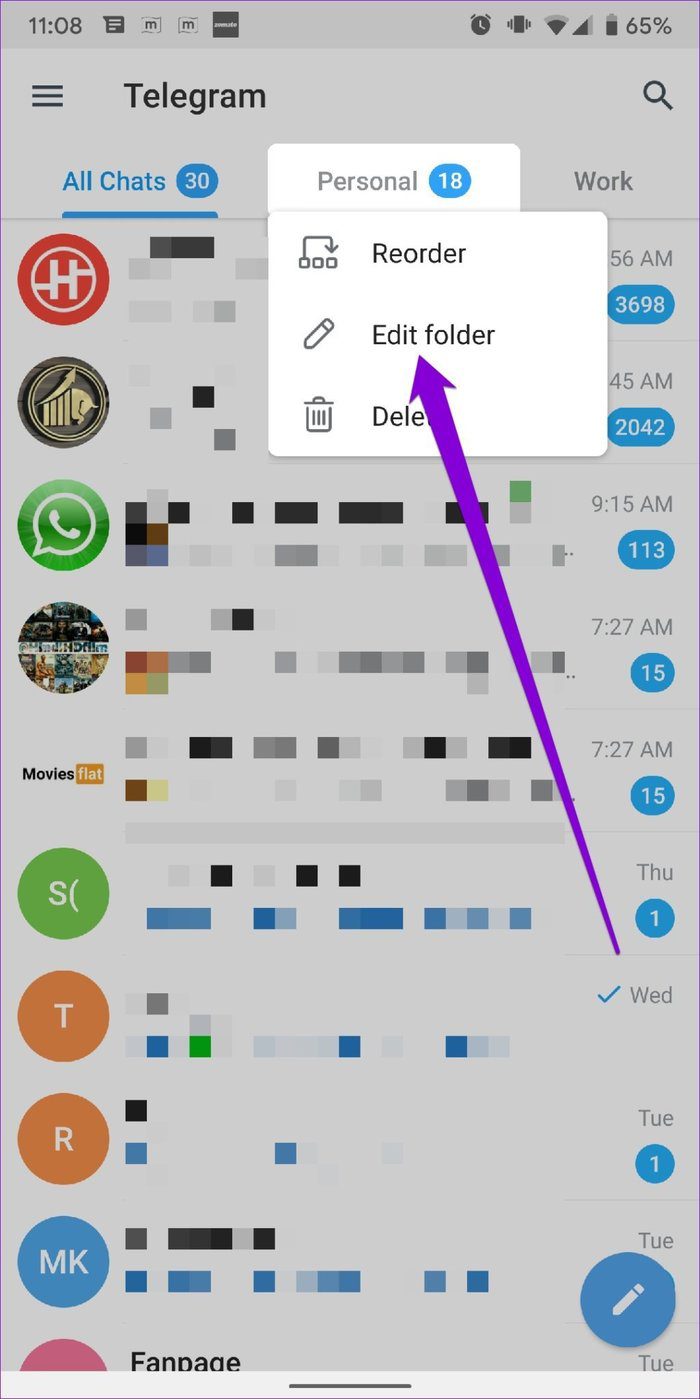 Редактировать папку чата в Telegram