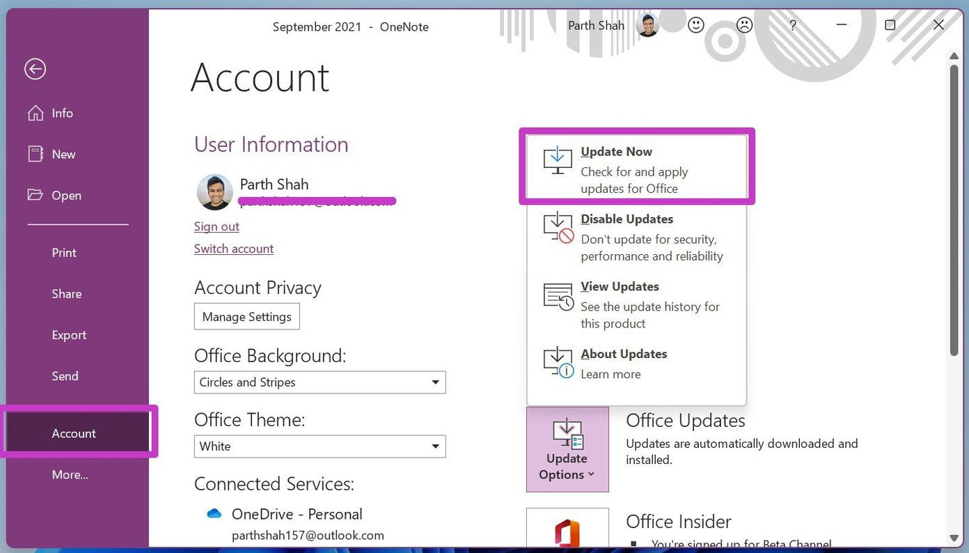 Обновите настольное приложение onenote