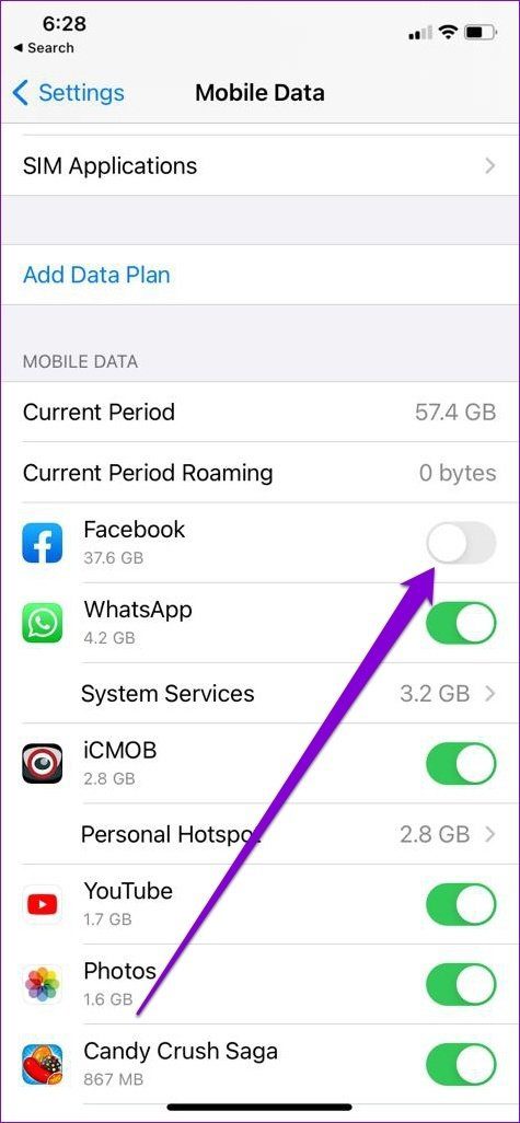 Включить мобильные данные для Facebook