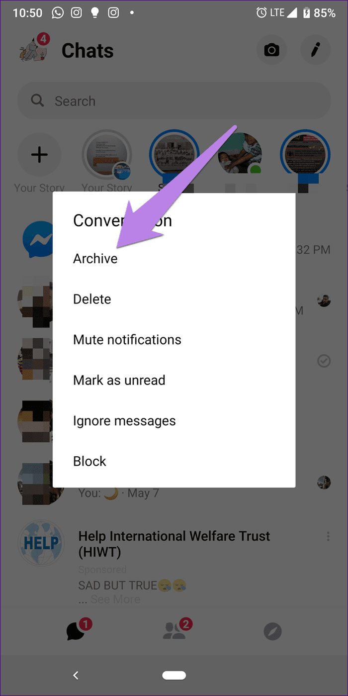 Facebook Messenger Удалить против Архива 6