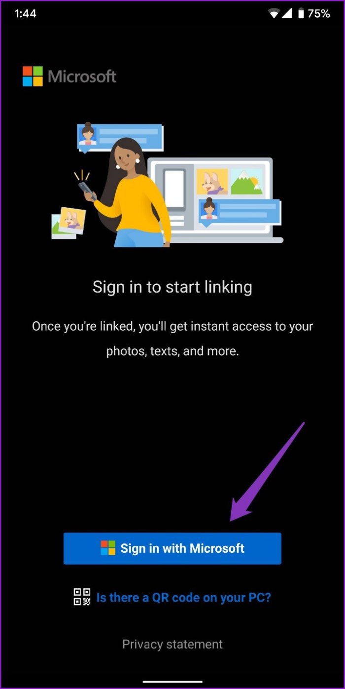 Войдите в систему с учетной записью Microsoft в приложении «Ваш телефон».