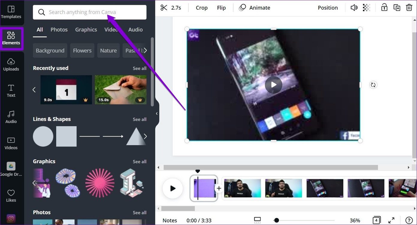 Как добавить элементы на видео в Canva