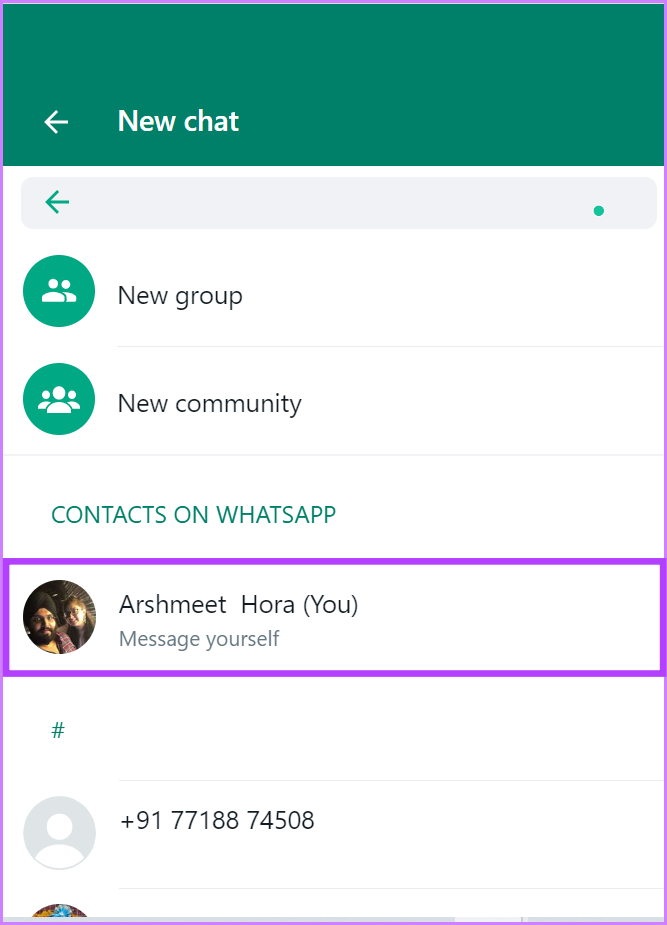 Выберите свое имя, чтобы отправить сообщение WhatsApp самому себе