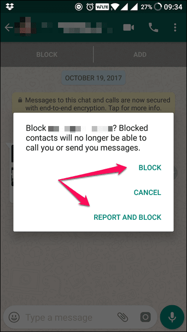 Сообщить и заблокировать номер WhatsApp