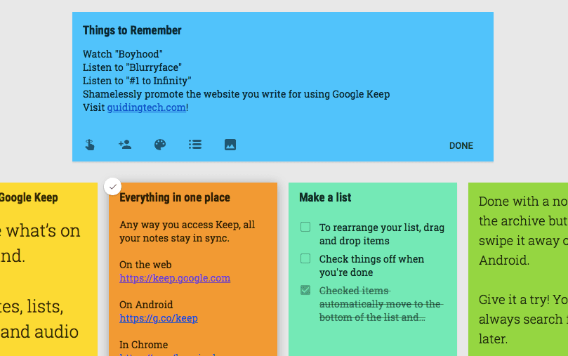 Google Keep Добавить параметры заметки Веб-приложение