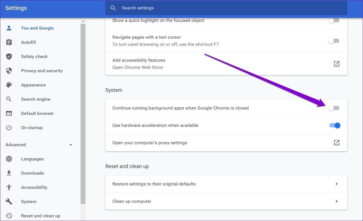 Отключить фоновые приложения в Chrome