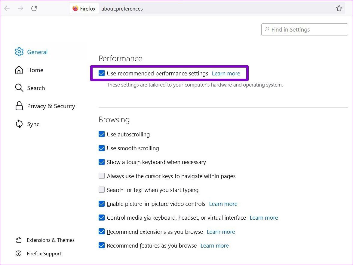 Используйте рекомендуемые настройки в Firefox