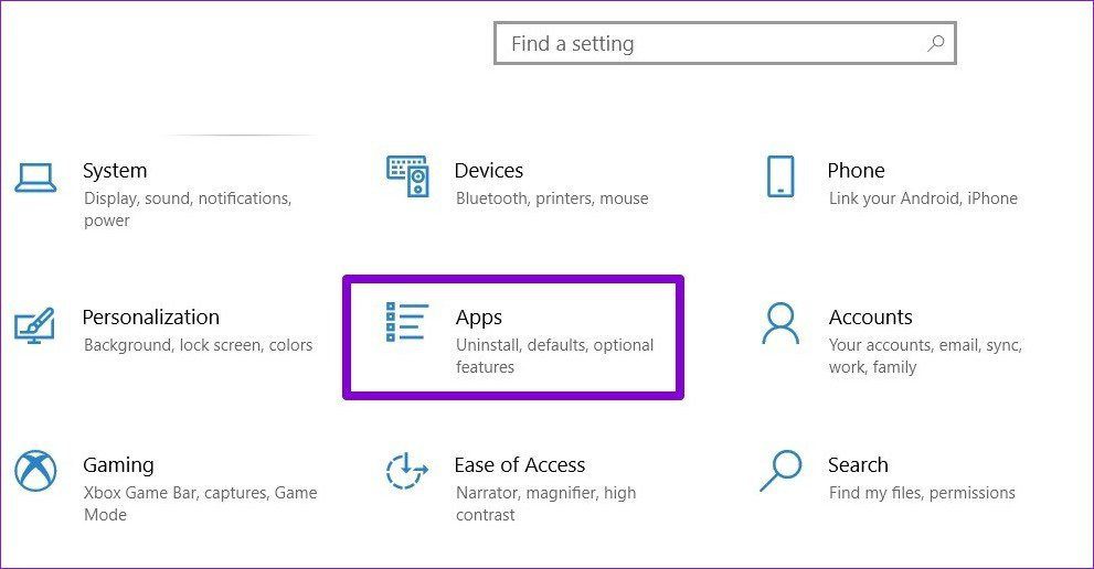 Меню настроек в Windows 10