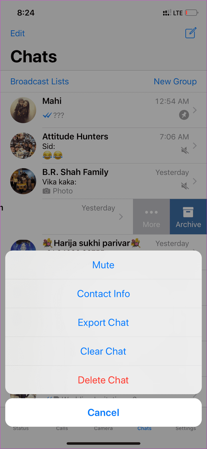 Параметры свайпа влево в Whats App