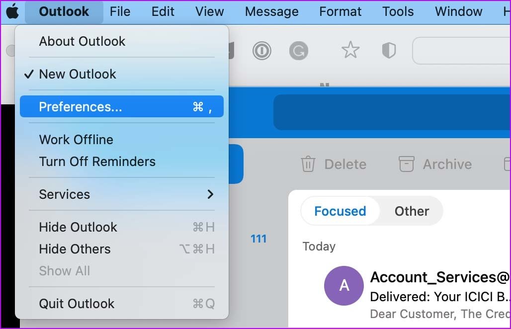 Открыть меню настроек Outlook