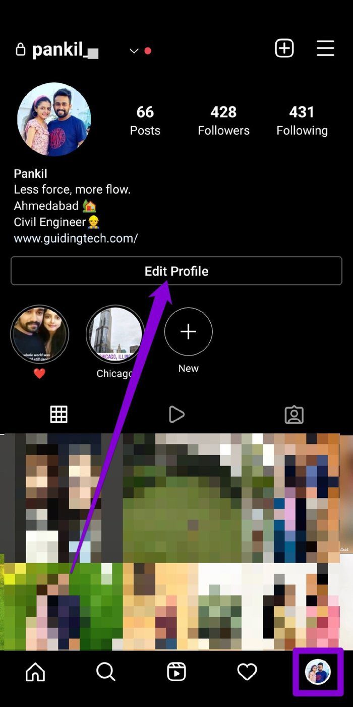 Изменить профиль в Instagram