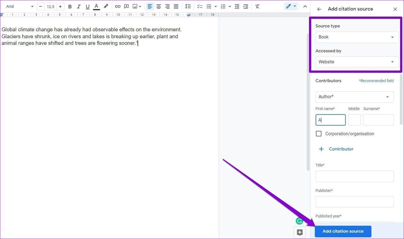 Указать источник в Google Docs