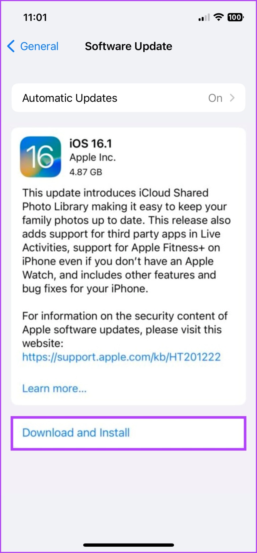 Нажмите «Загрузить и установить», чтобы получить последнее обновление iOS.