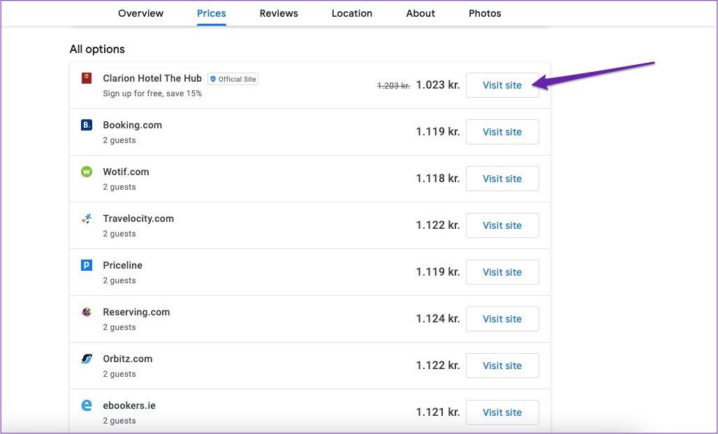 Google Travel выбирает бронирование отелей на веб-сайте