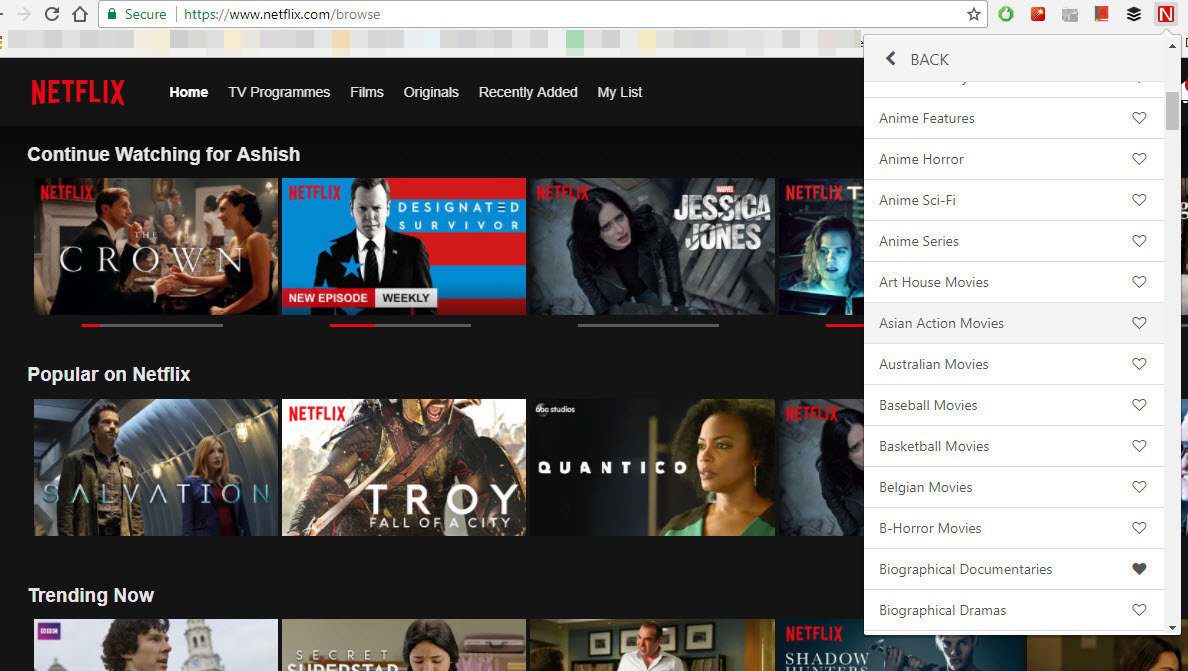 Быстрый доступ к скрытым категориям Netflix в Chrome 5