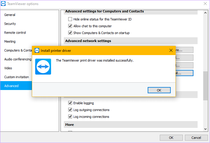 Team Viewer Удаленная установка печати Сообщение об успешном удалении принтера
