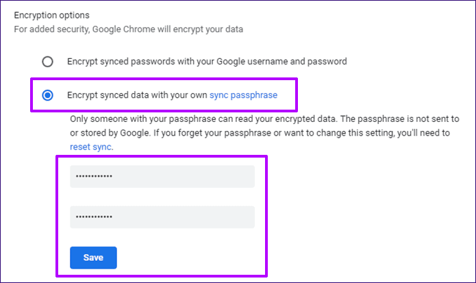 Chrome Используйте кодовую фразу синхронизации 4