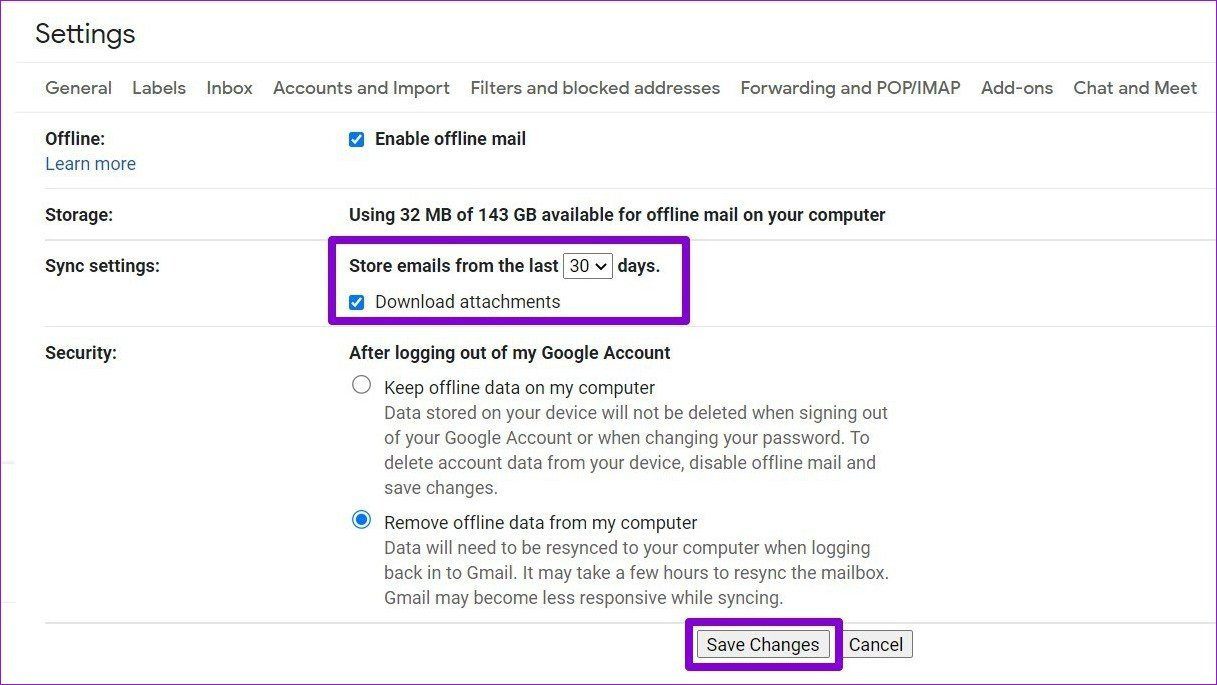 Настройки автономного режима Gmail