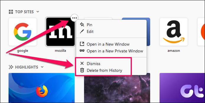 Удалить лучшие сайты и основные моменты Firefox 1